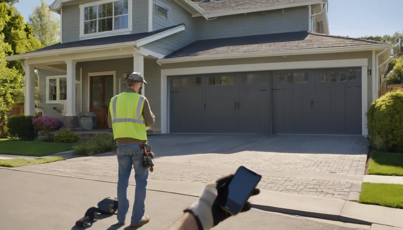 Homeowner checking a garage door track in the Naperville area while a provider inspects the springs